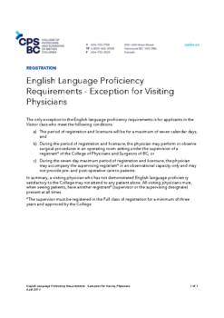 English Language Proficiency Exemption for Visiting Physicians (Updated 2023-04-26)